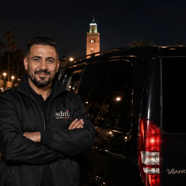 Achraf, chauffeur SDM en veste noire brodée sdm, bras croisés devant le Mercedes Viano la nuit