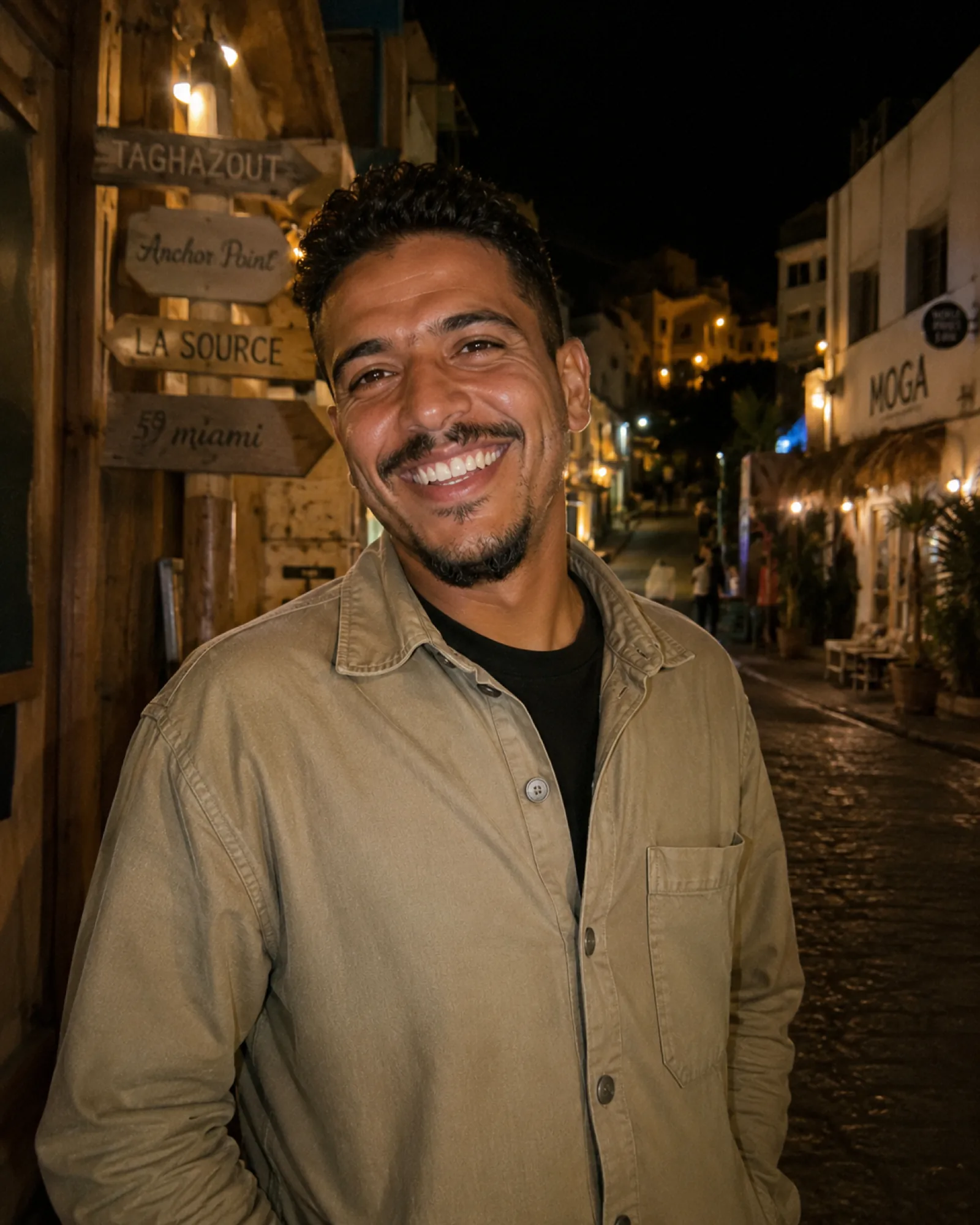 Mehdi, chauffeur SDM, souriant dans une ruelle nocturne de Taghazout
