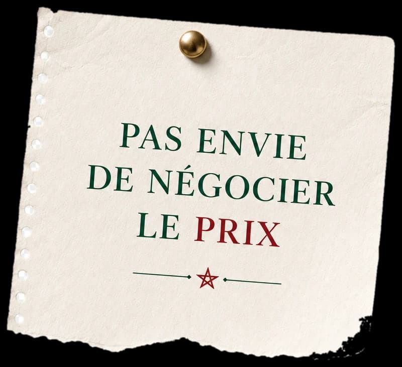 Feuille de carnet déchirée à perforations, épinglée : « Pas envie de négocier le prix »