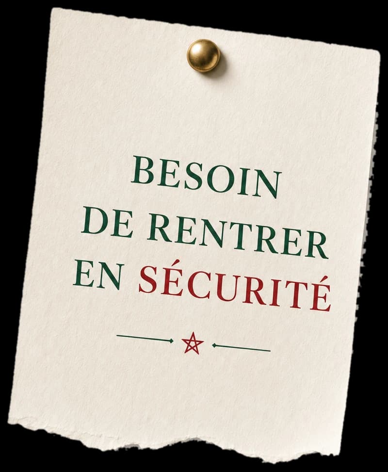 Étiquette en papier déchiré épinglée au mur : « Besoin de rentrer en sécurité »