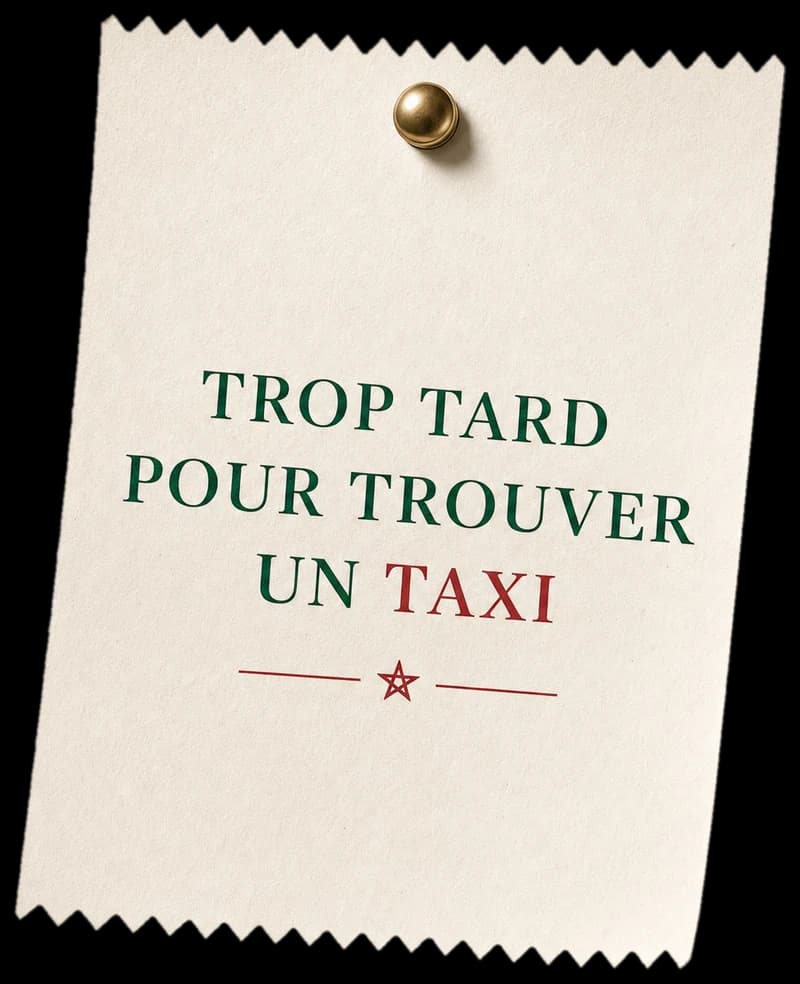 Étiquette en papier cranté épinglée au mur : « Trop tard pour trouver un taxi »