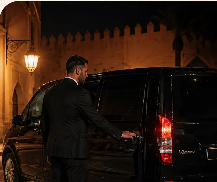 Un chauffeur SDM en veste sombre ouvre la portière du Viano noir de nuit, la Koutoubia illuminée en arrière-plan
