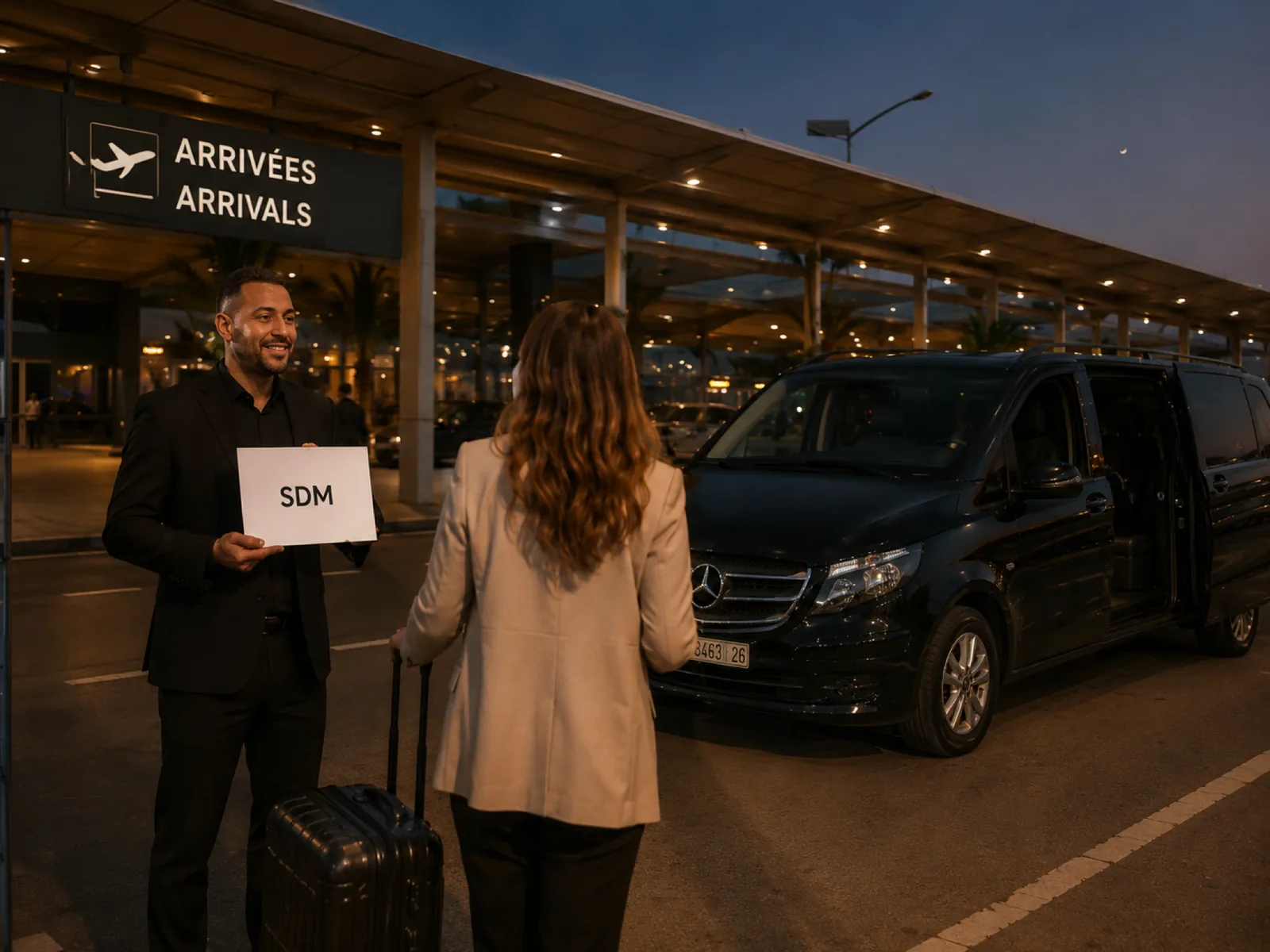 Chauffeur SDM tenant une pancarte sous le panneau Arrivées de l'aéroport, Viano porte ouverte prêt à partir