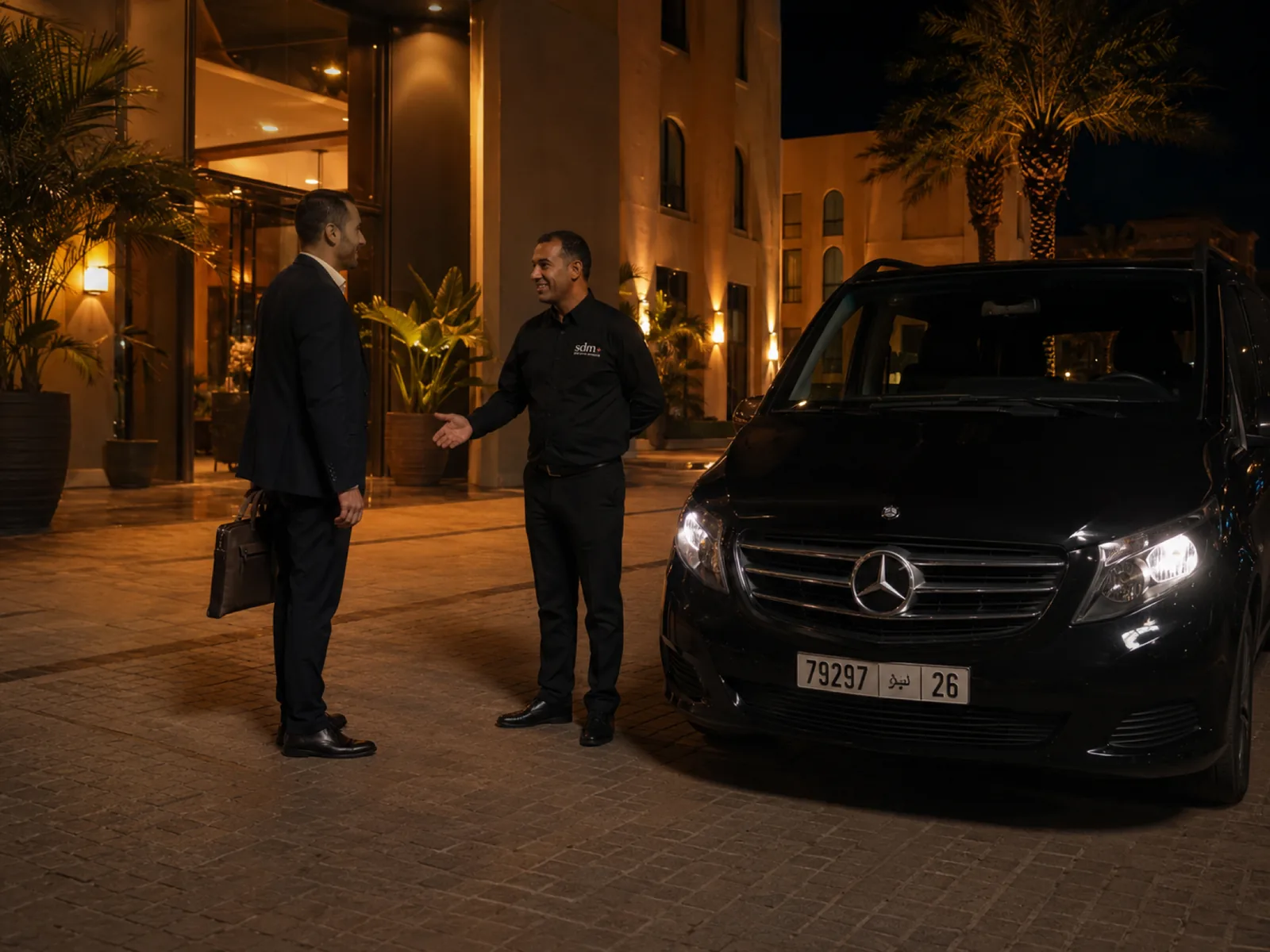 Chauffeur SDM en chemise brodée accueillant un homme d'affaires devant un hôtel, Viano noir phares allumés