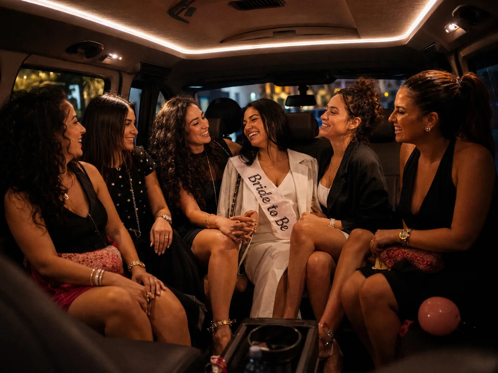 EVJF à l'intérieur du van SDM : six amies rieuses, la future mariée avec son écharpe Bride to Be, bandeau LED allumé