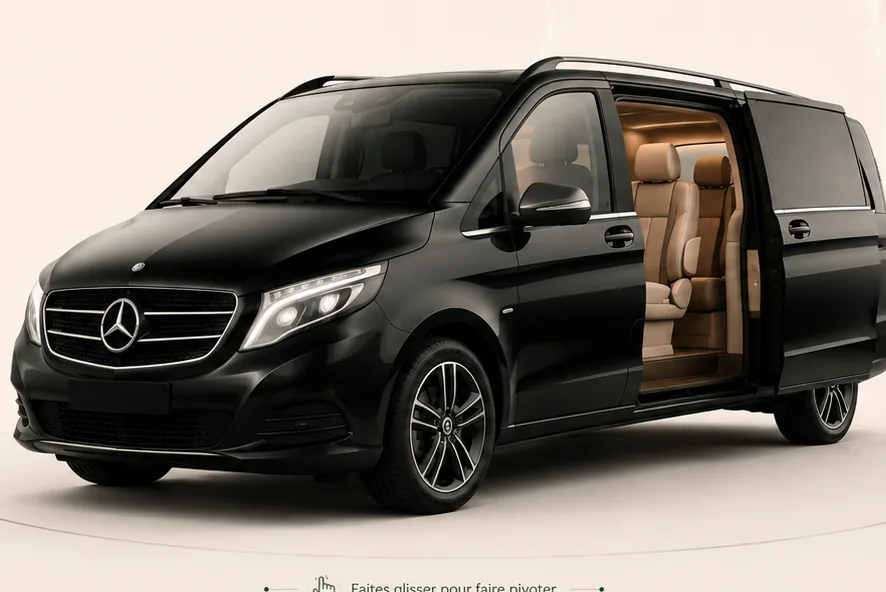 Mercedes Viano noir de trois quarts, porte latérale ouverte sur un intérieur cuir beige éclairé